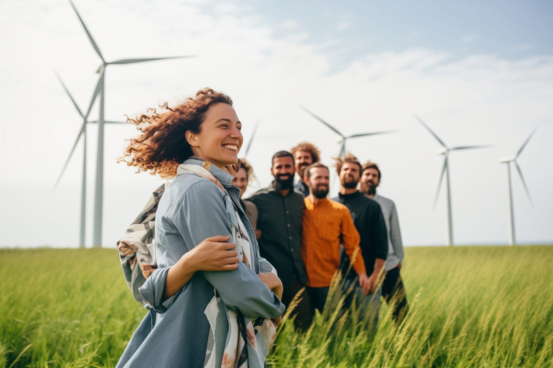 Un groupe de personnes souriantes se tient dans un champ vert, avec des éoliennes en arrière-plan.